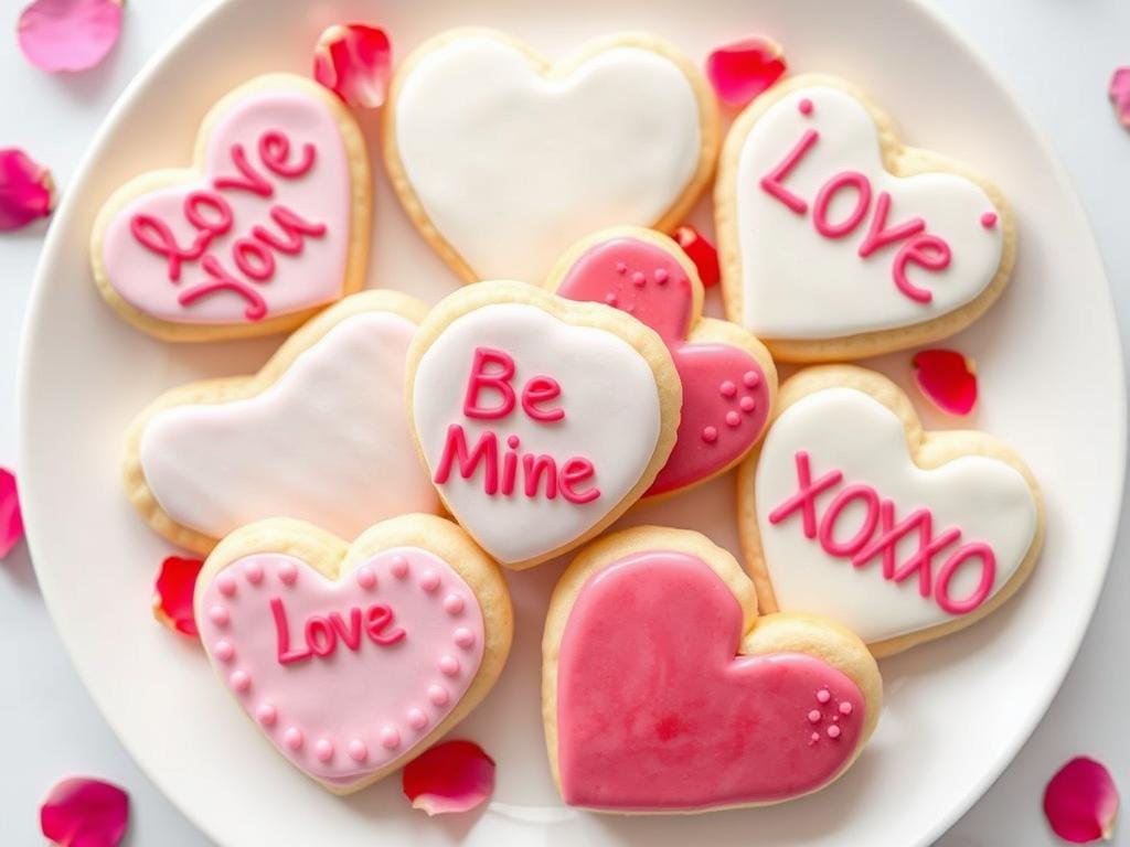 Heart-shaped cookies decorated with royal icing and personalized messages