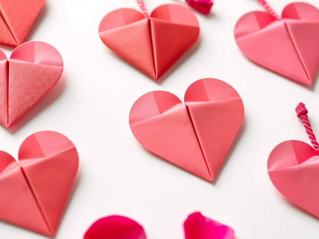 Heart-shaped origami bookmarks in red and pink paper with small tassels attached