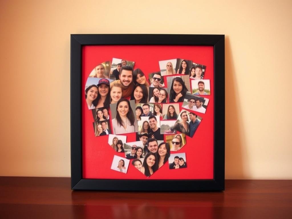Heart-shaped photo collage with multiple relationship photos arranged in a heart shape