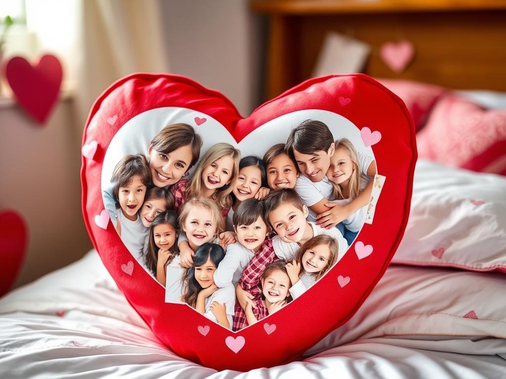 Heart-shaped photo cushion with family pictures and Valentine's decorations