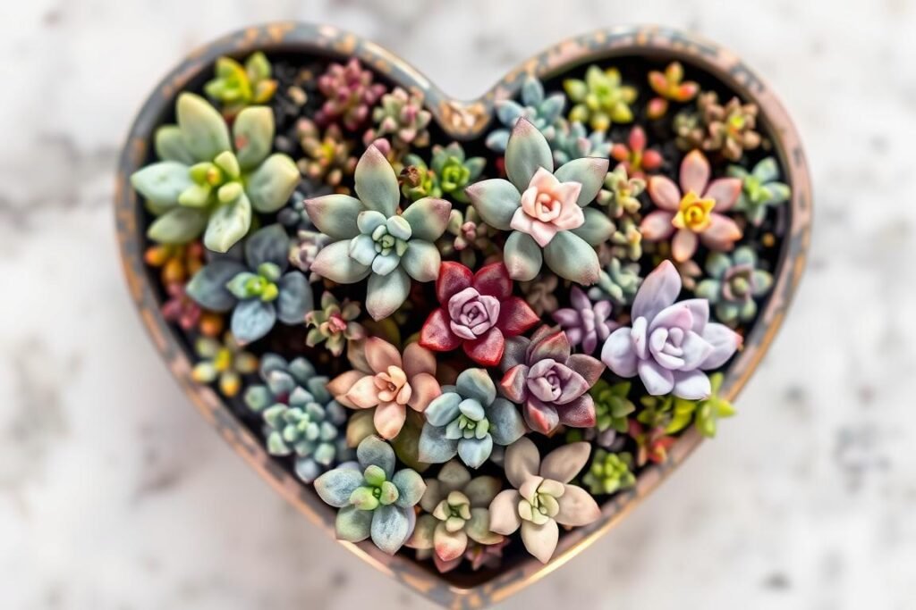 Heart-shaped succulent arrangement in decorative planter