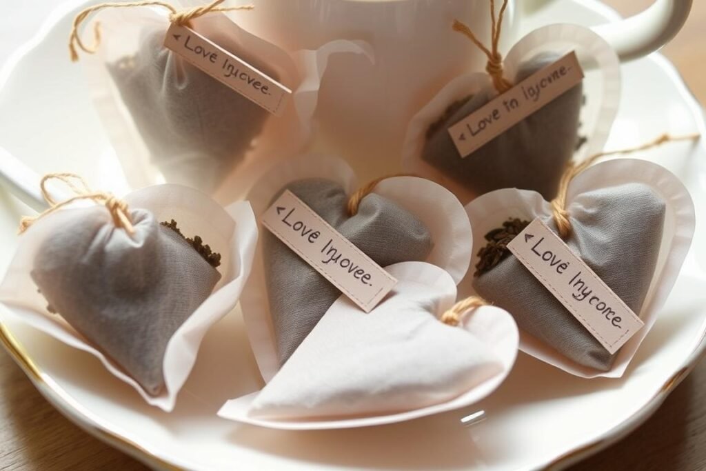 Heart-shaped tea bags with custom tags and decorative string