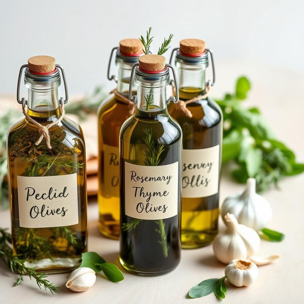 Herb-infused olive oils in glass bottles with custom labels