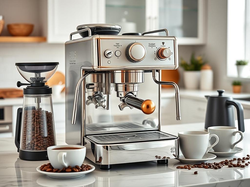 High-end espresso machine with coffee accessories arranged in a modern kitchen