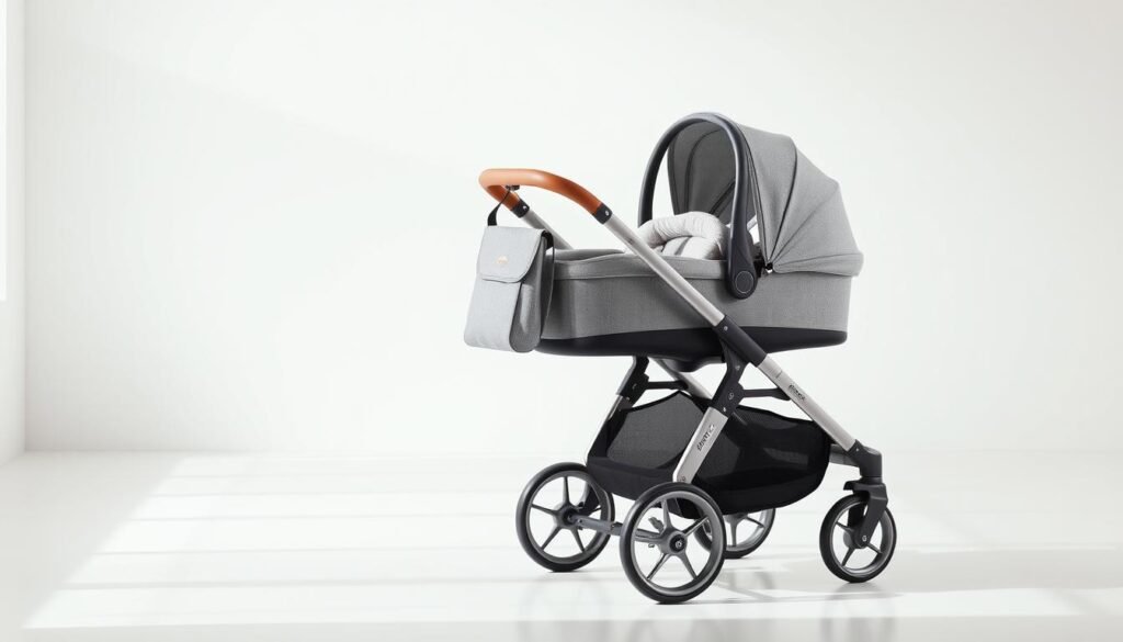 High-quality baby stroller displayed with car seat attachment showing versatility for new parents