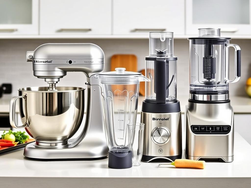 High-quality kitchen appliance set including stand mixer, blender, and food processor