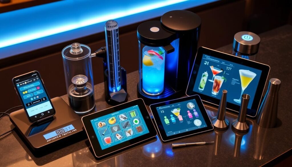 High-tech mixology equipment including smart scales, app-connected tools, and digital recipe systems