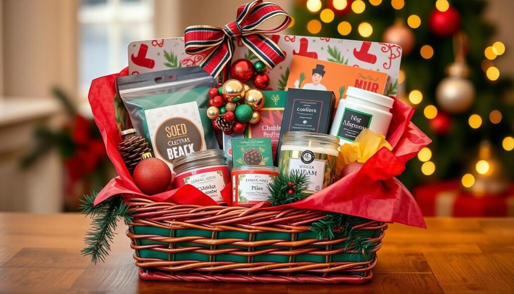 Holiday gift basket with festive treats, ornaments, and seasonal items arranged in a decorative basket