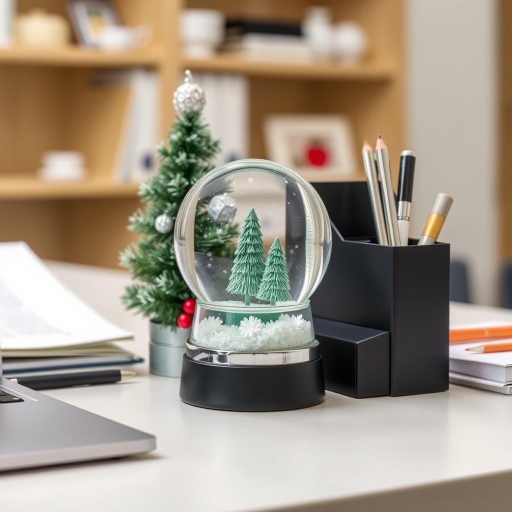 Holiday-themed desk accessory like a snowglobe or decorative item
