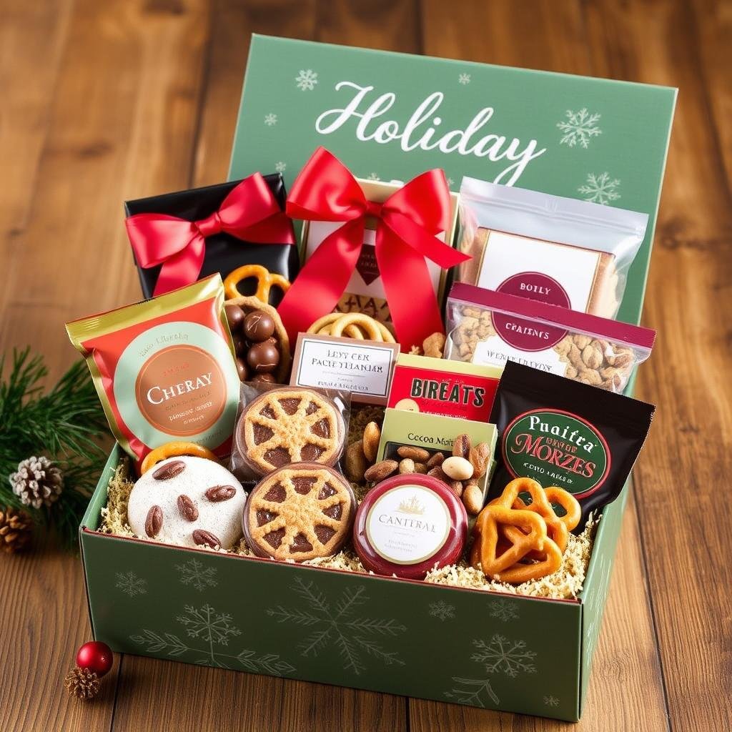 Holiday-themed gourmet food gift box with assorted treats