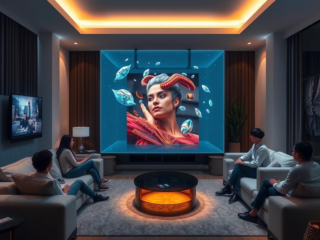 Holographic entertainment system projecting 3D content in living room for trendy gifts in 2026