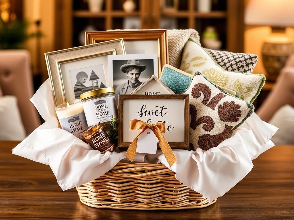 Home Sweet Home gift basket with candles, picture frames, and cozy home decor items