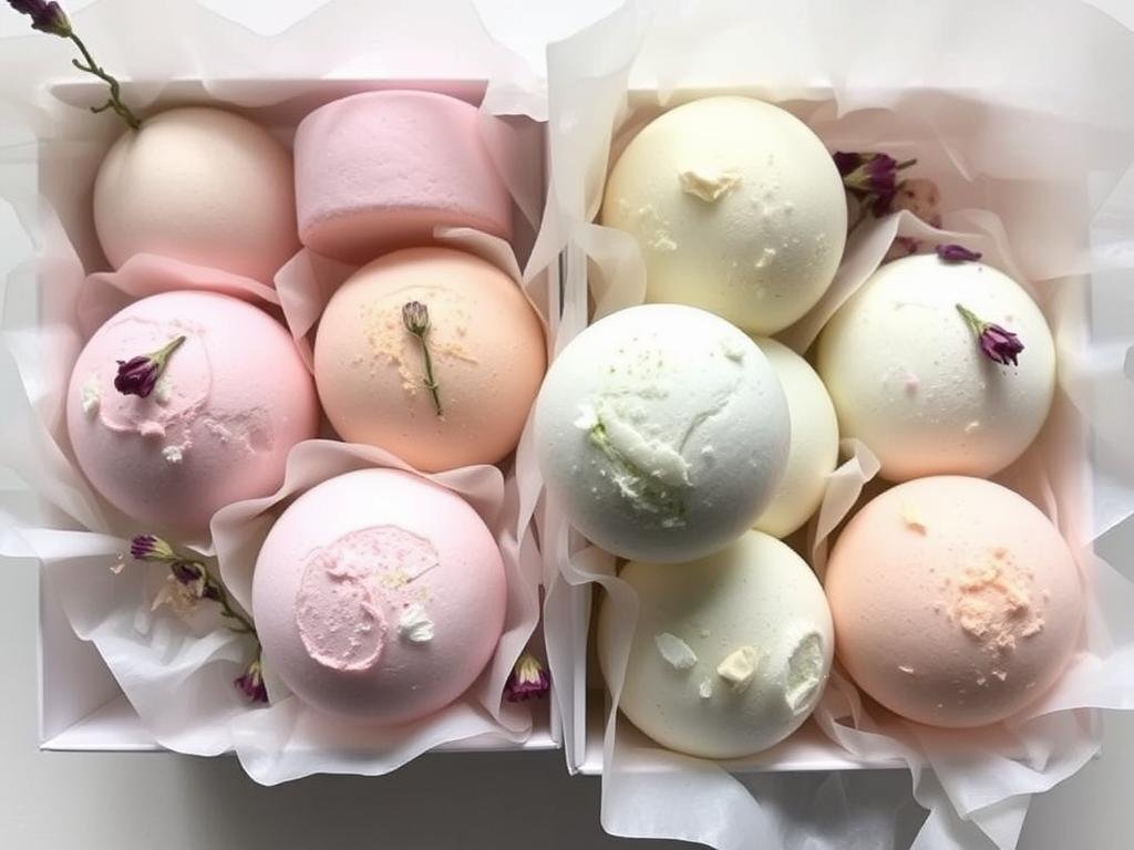 Homemade bath bombs in gift packaging with dried flowers creative gift ideas