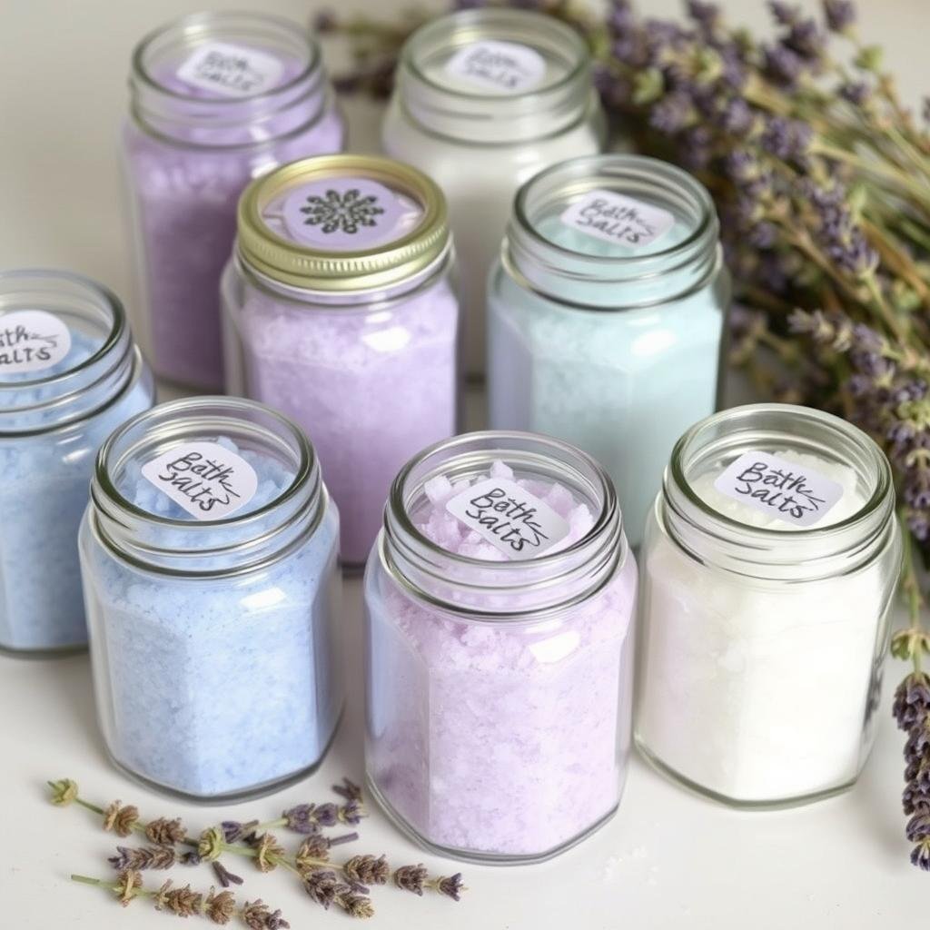 Homemade bath salts in decorative jars as small gifts for neighbors