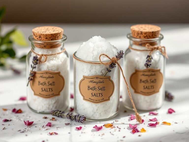 Homemade bath salts in decorative jars with custom labels and dried flowers