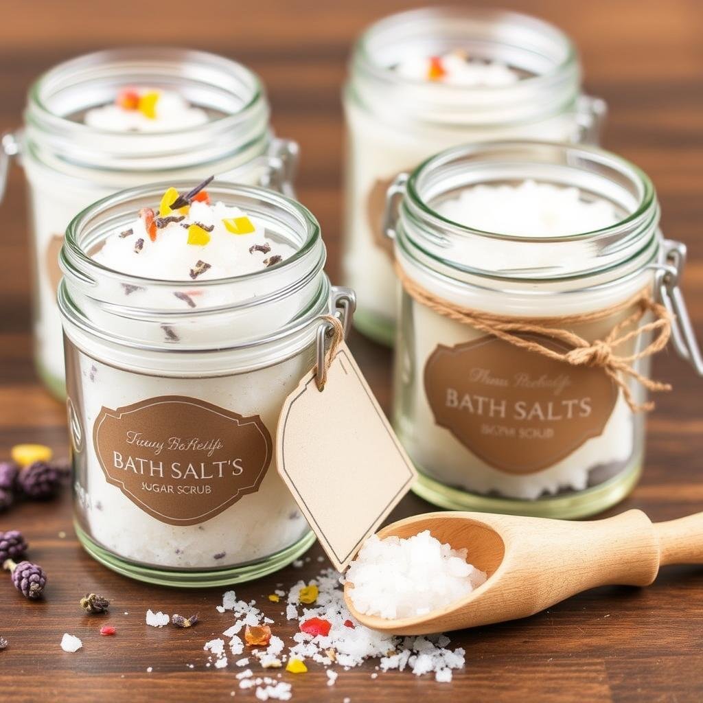 Homemade bath salts or sugar scrub in decorative jars