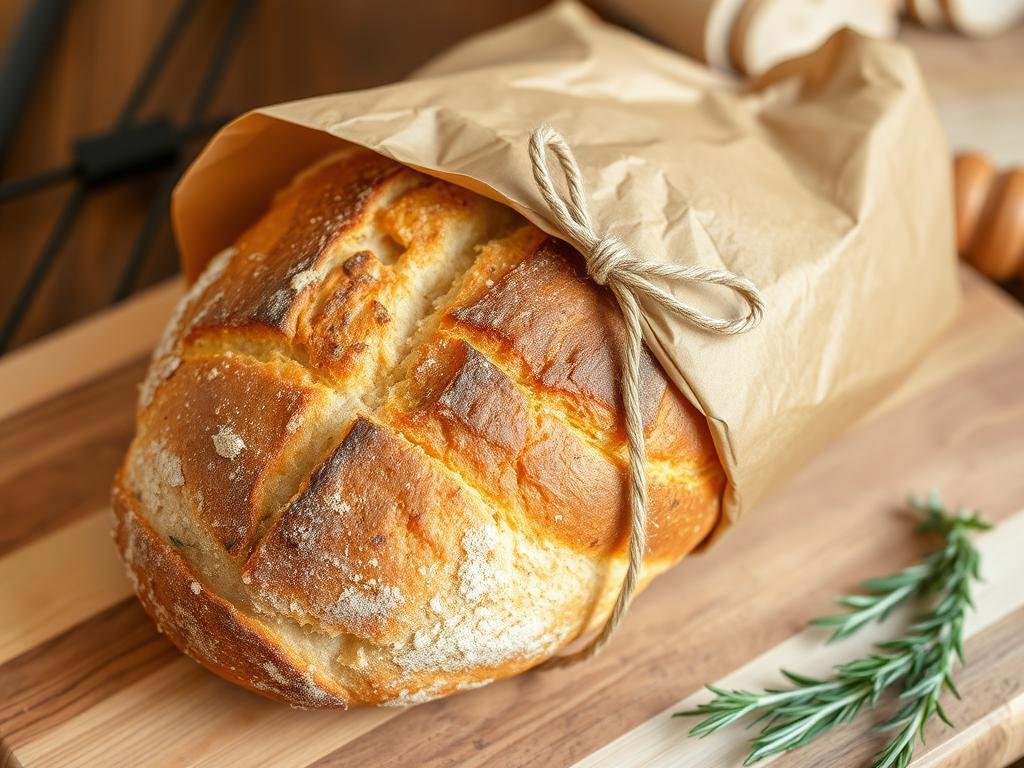 Homemade bread loaf wrapped in kraft paper as a small gift for neighbors