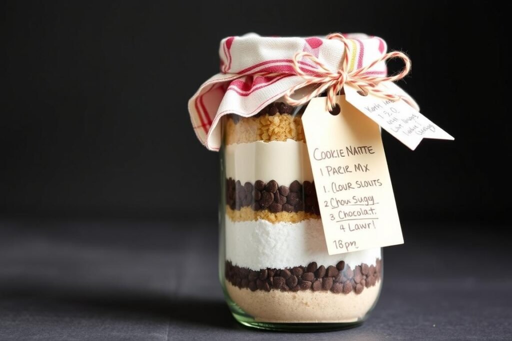 Homemade cookie mix in decorated mason jar with recipe tag creative gift ideas