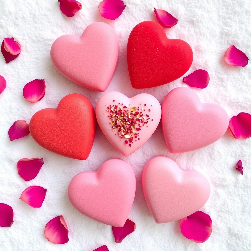 Homemade heart-shaped bath bombs in pink and red colors for budget Valentine's Day gifts
