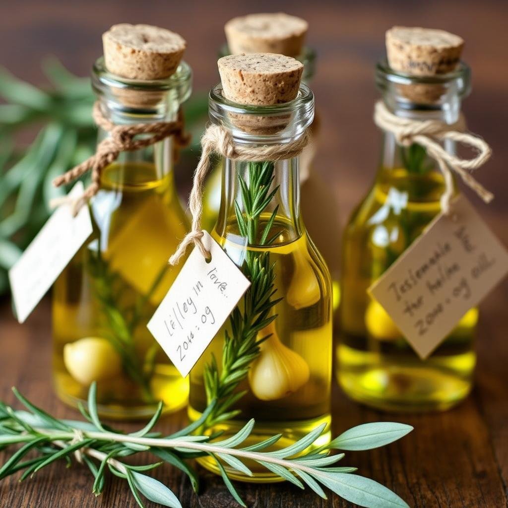 Homemade herb-infused olive oil bottles as small gifts for neighbors