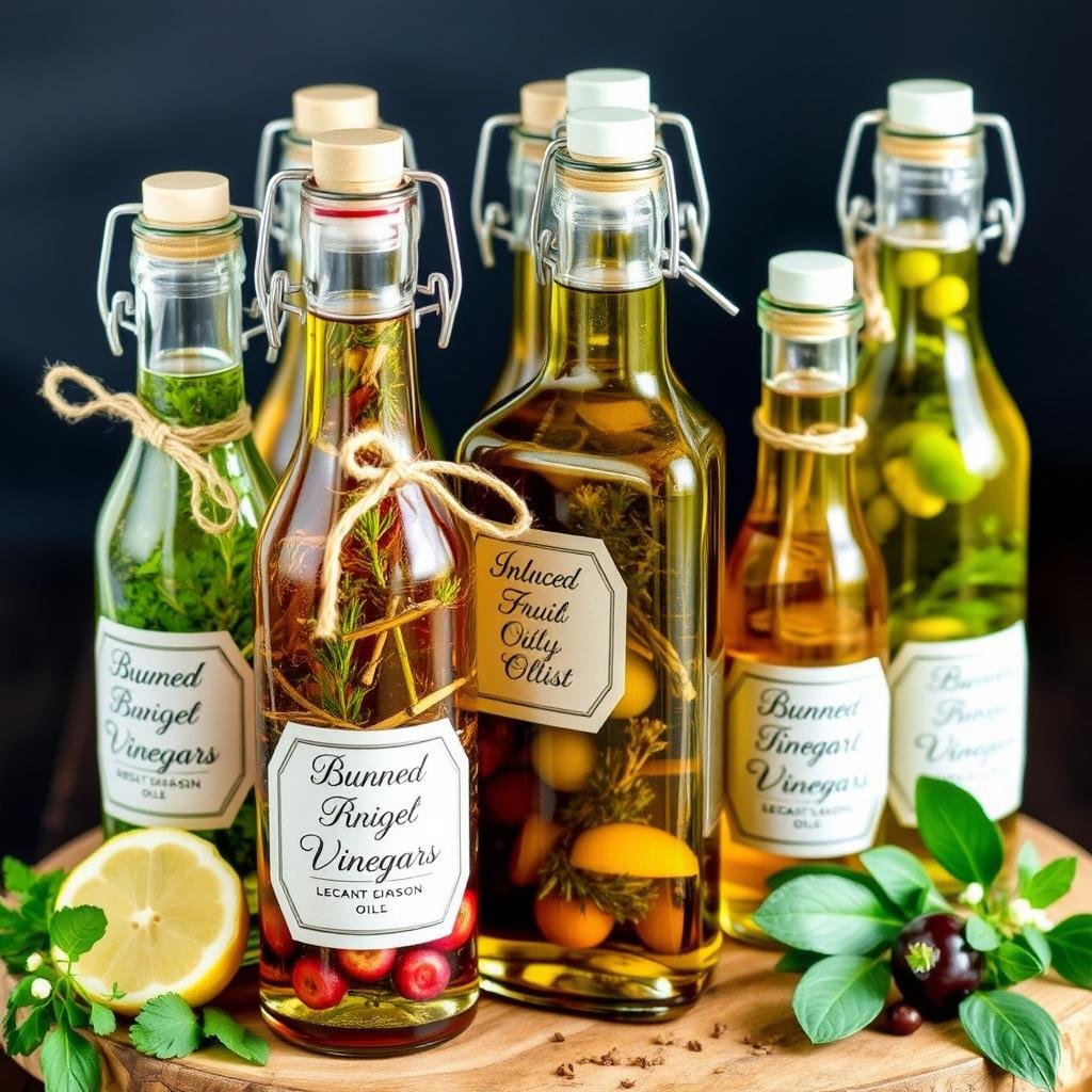 Homemade infused oils in decorative bottles as a budget Valentine's Day gift