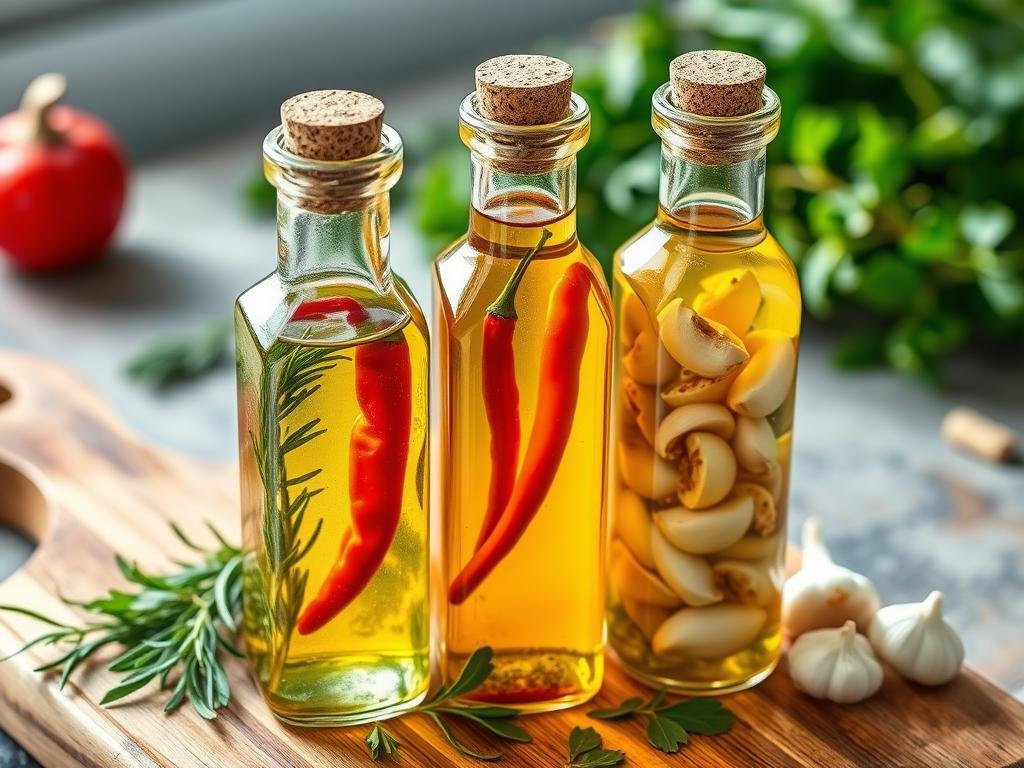 Homemade infused oils in glass bottles with herbs and spices