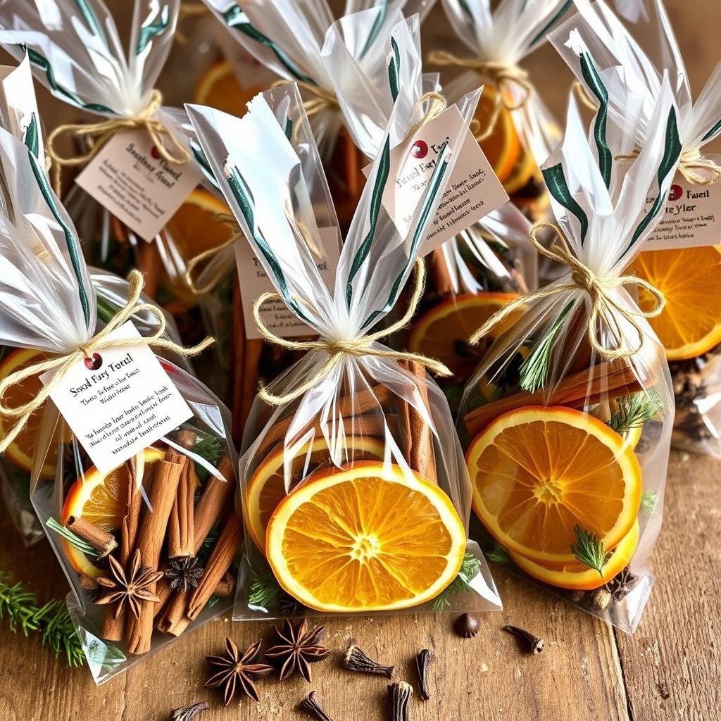 Homemade stovetop potpourri in decorative packaging as small gifts for neighbors