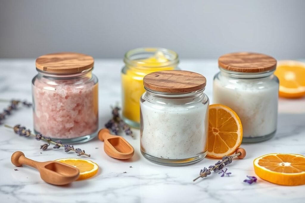 Homemade sugar scrub in glass jars with wooden scoops and dried flowers
