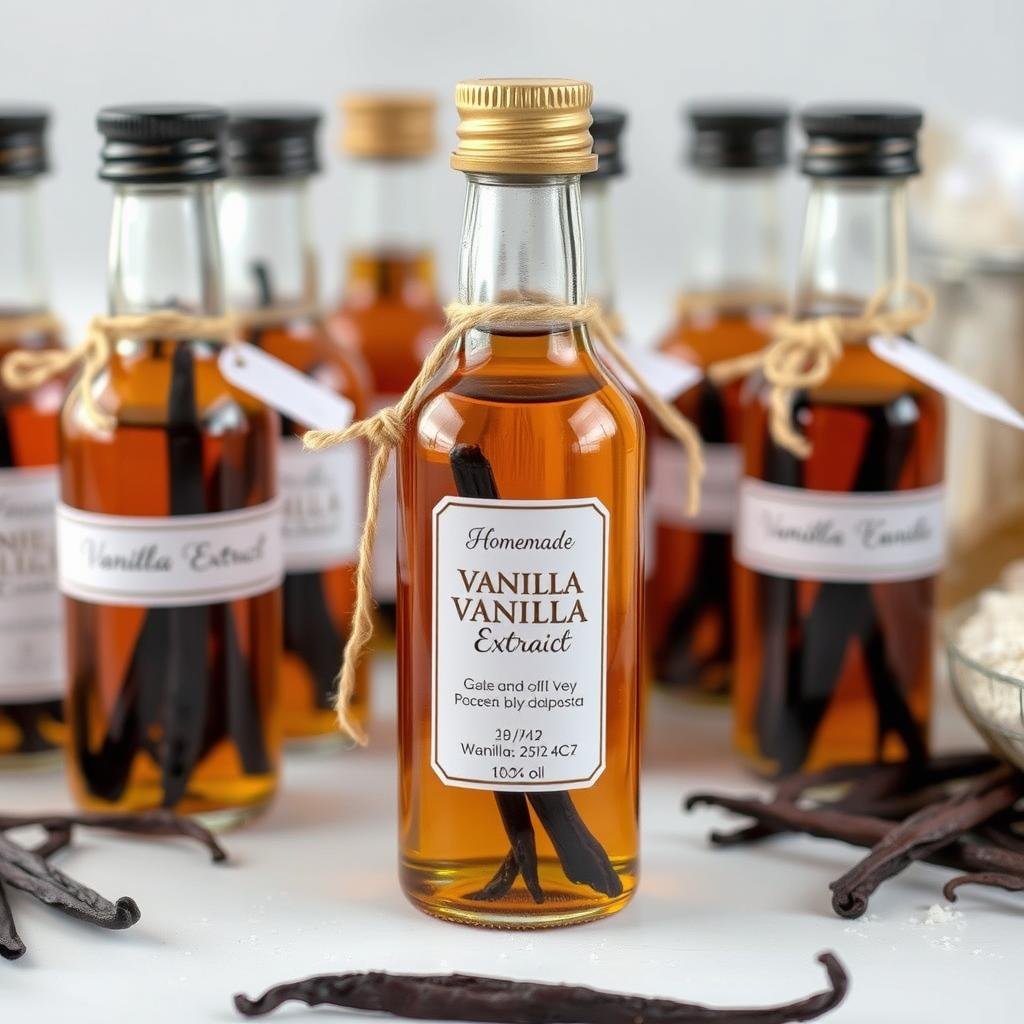 Homemade vanilla extract in small bottles as small gifts for neighbors