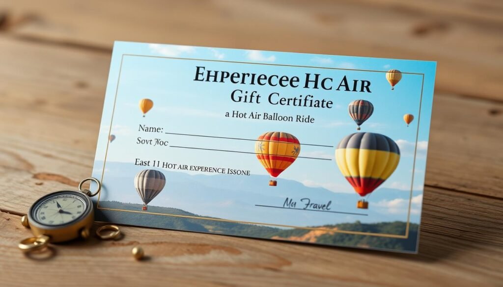 Hot air balloon ride experience gift certificate with scenic background creative gift ideas
