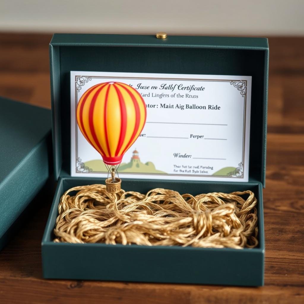 Hot air balloon ride gift certificate in presentation box, adventure gift idea for women