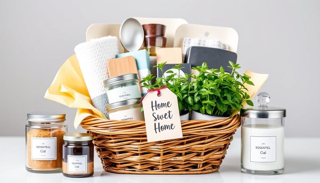 Housewarming gift basket with kitchen tools, dish towels, and home essentials in a decorative basket