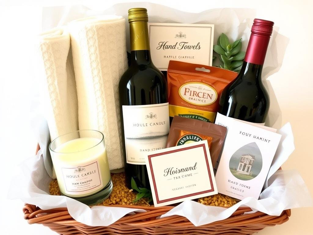 Housewarming gift with home essentials for neighbors