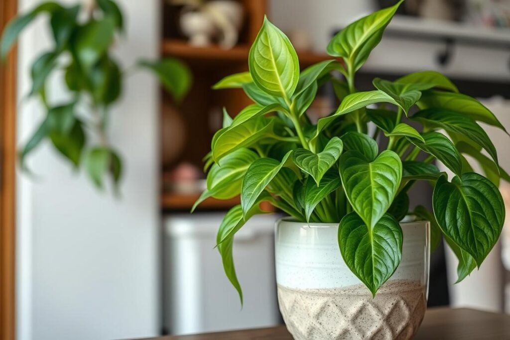 Indoor plant in a decorative ceramic pot as a housewarming gift