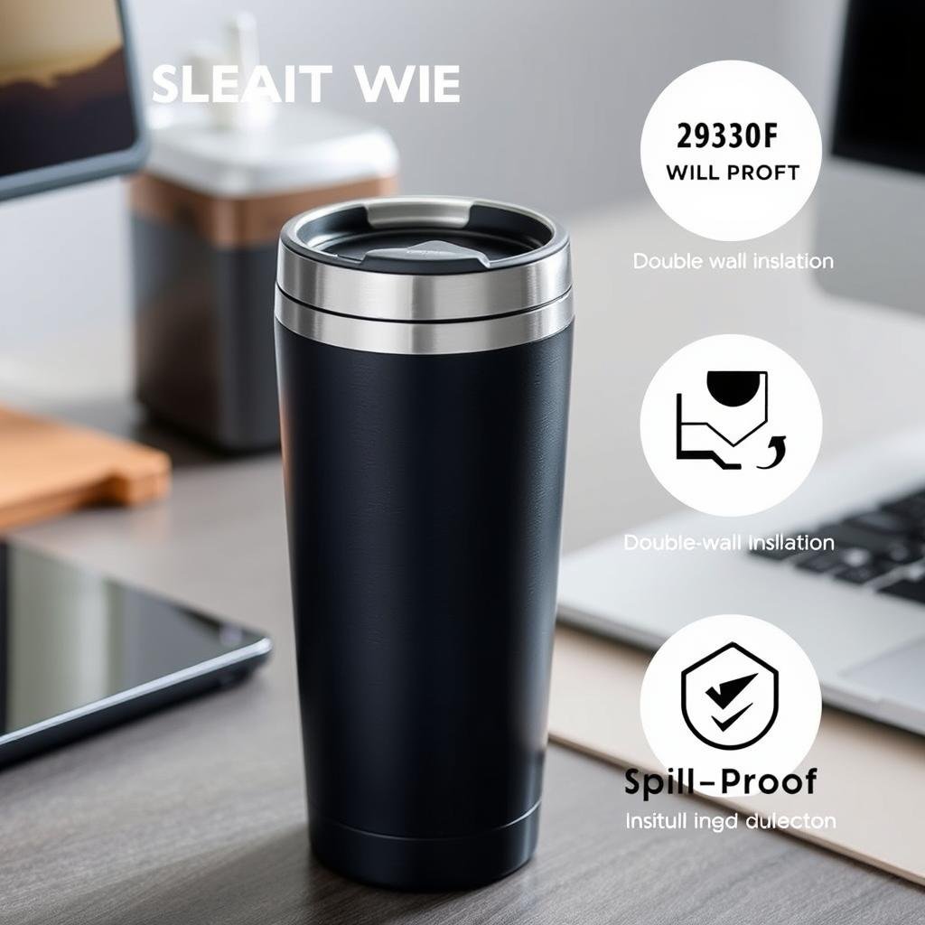 Insulated coffee mug with modern design sitting on a desk