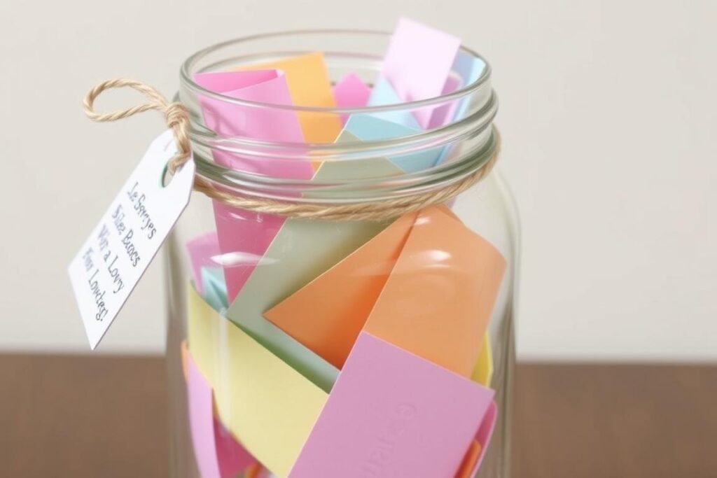 Jar filled with colorful folded love notes for each day