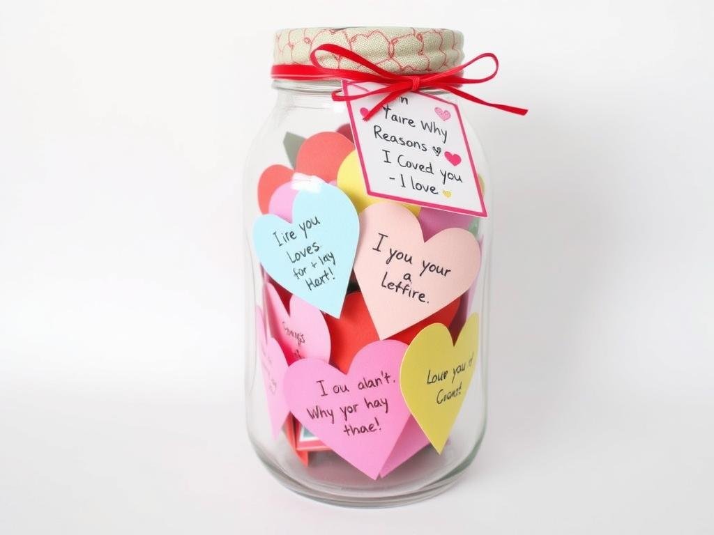 Jar filled with colorful handwritten love notes on folded paper hearts