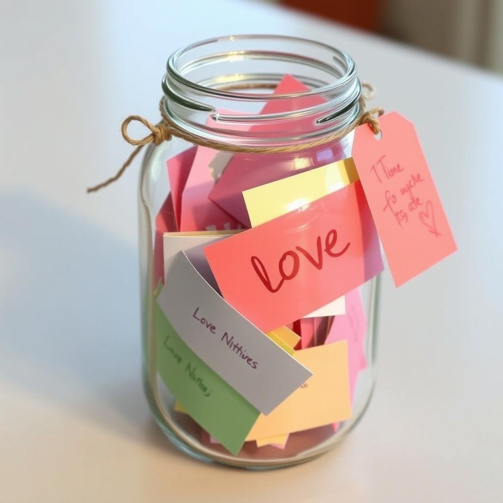 Jar filled with colorful love notes as romantic gifts for boyfriend