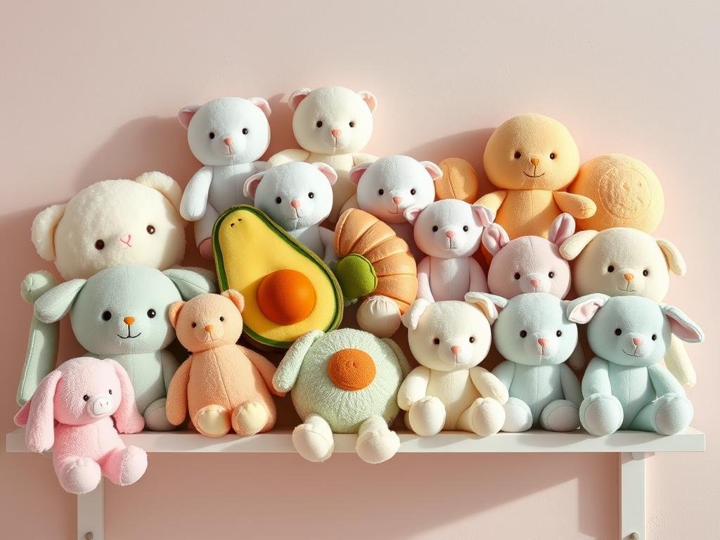 Jellycat plush toys arranged on a Gen Z bedroom shelf