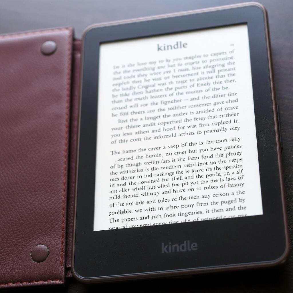 Kindle e-reader with leather cover displaying a book page Kindle e-reader with leather cover displaying a book page