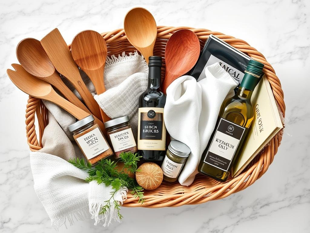 Kitchen essentials housewarming gift basket with wooden utensils, spices, and olive oil
