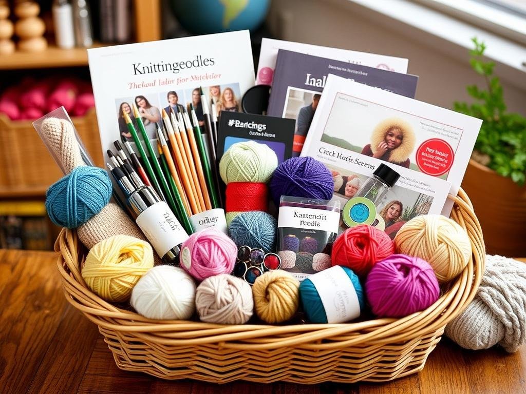 Knitting gift basket with yarn, needles, and pattern books arranged in a woven basket
