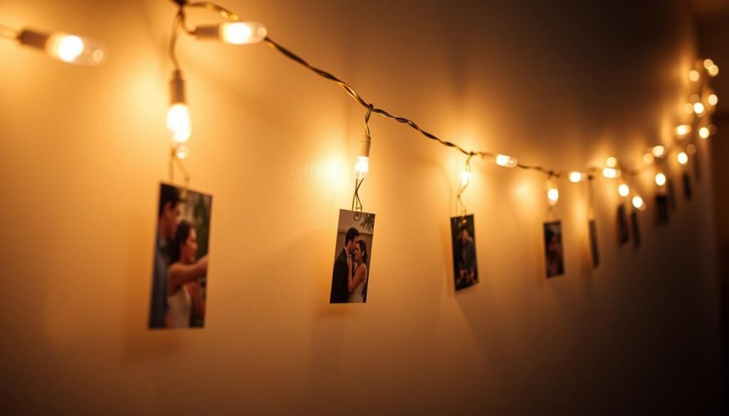 LED string lights with photo clips displaying couple's photos as a budget Valentine's Day gift