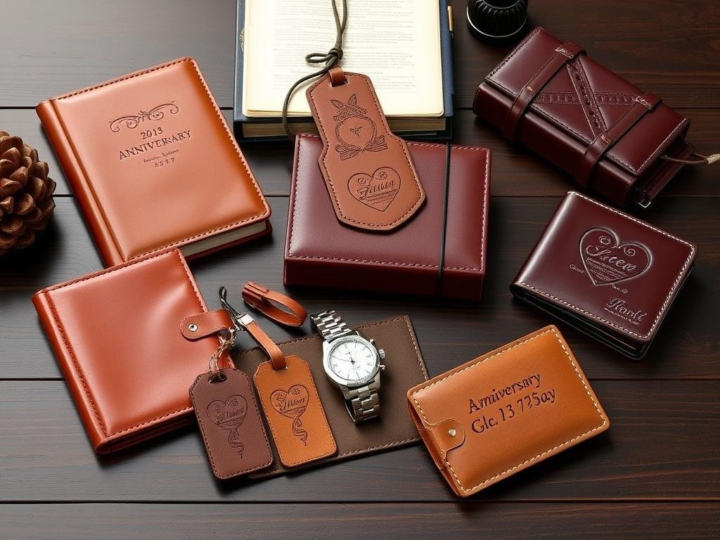 Leather anniversary gifts including journals and wallets for anniversary gift ideas