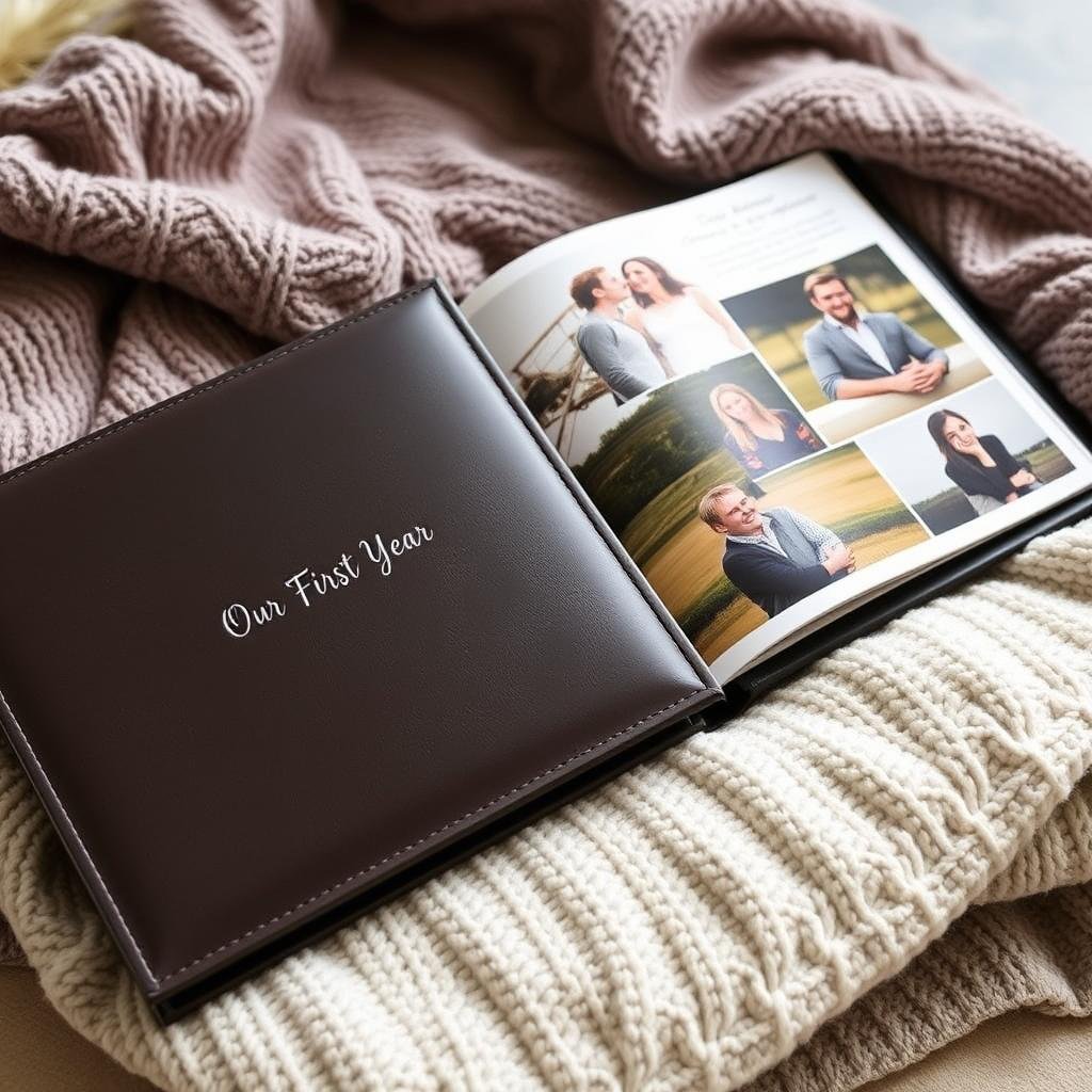 Leather-bound custom photo book documenting first year together as a 1 year anniversary gift
