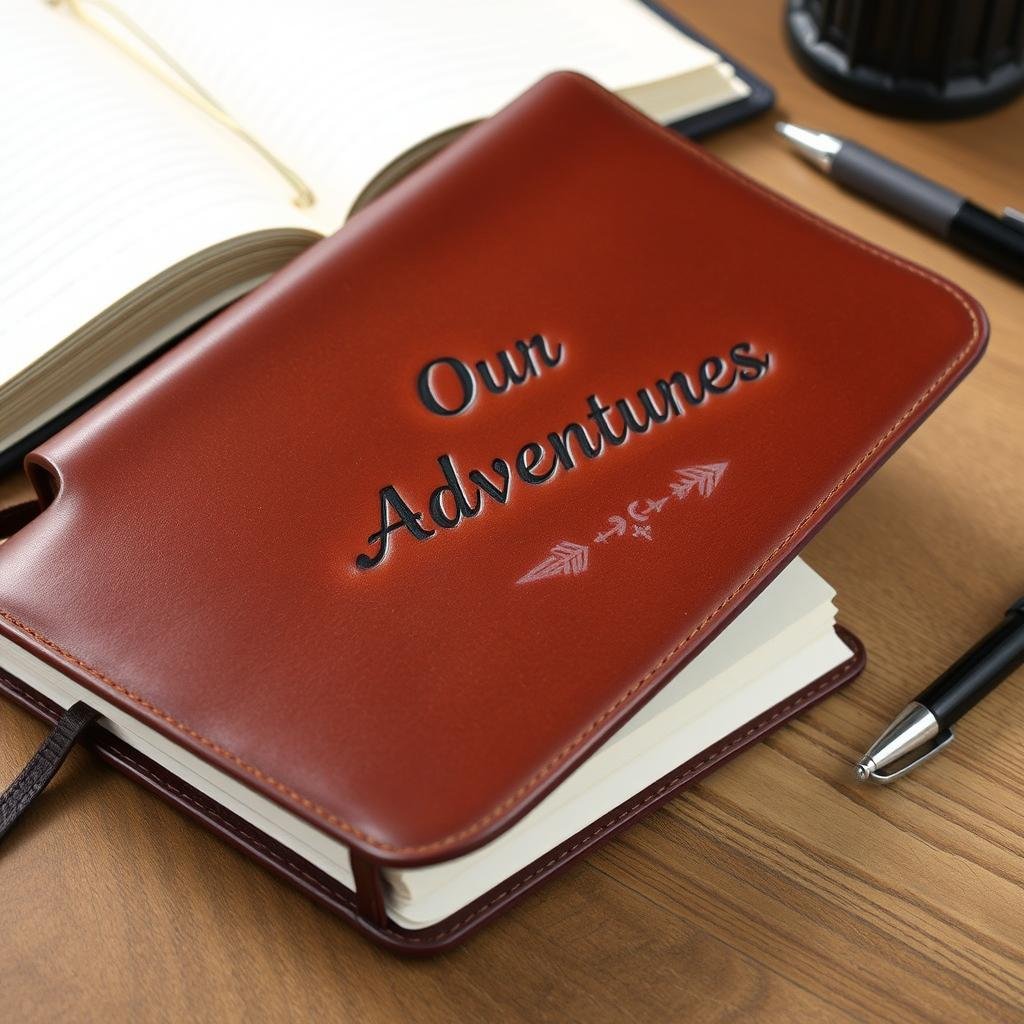 Leather-bound journal with 'Our Adventures' embossed on the cover Leather-bound journal with 'Our Adventures' embossed on the cover