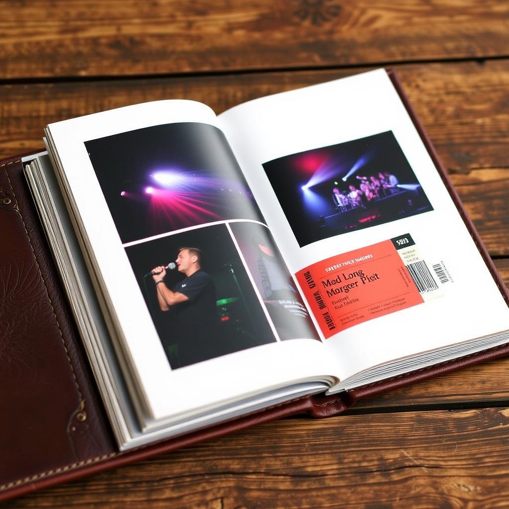 Leather-bound photo album with concert tickets Leather-bound photo album with concert tickets