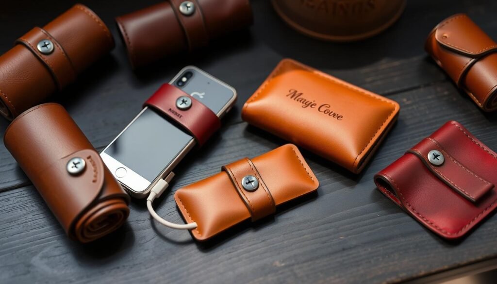 Leather cord organizer with snaps and embossed initials