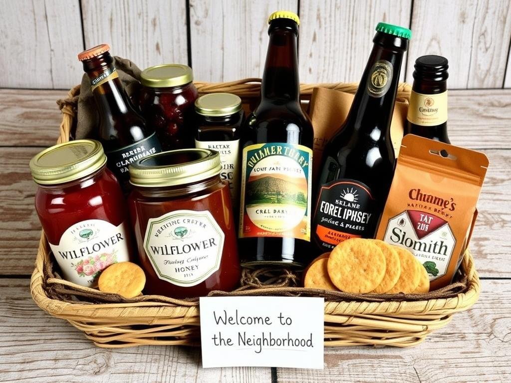 Local specialty foods including honey, jam, and craft beer in a welcome basket
