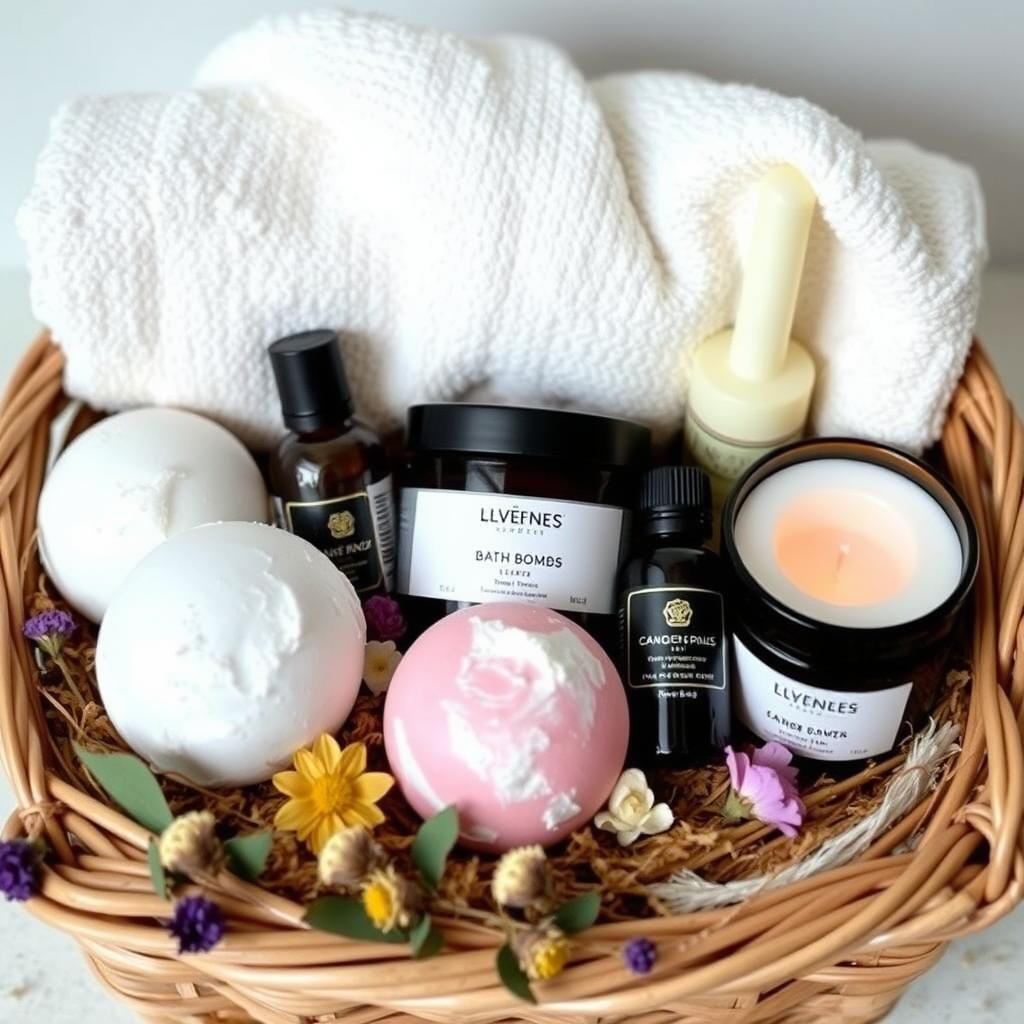 Luxurious bath and spa gift set with candles and bath bombs